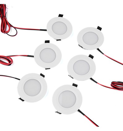 6 stk. 12V downlight - 2,5W, rund, inkl. hullsag og quick connector, til båt mm.