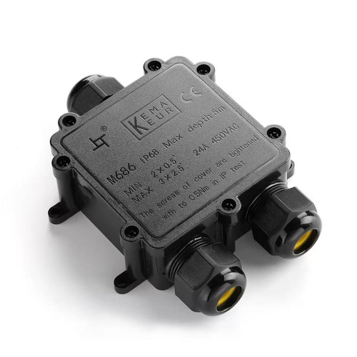 Sort koblingsboks for viderekobling, 3-leder - IP68 vanntett, for skjøting av ledninger, Ø4-8mm kabel