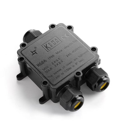 Sort rund koblingsboks, 5 ledere - For sammenkobling av ledninger, DALI/1-10V dimming, IP68 vanntett