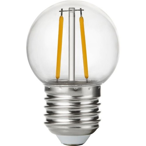 E27 1,5W LED kronepære - G45, filament, knusesikker, klar plast, 2700K