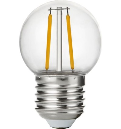 E27 1,5W LED kronepære - G45, filament, knusesikker, klar plast, 2700K