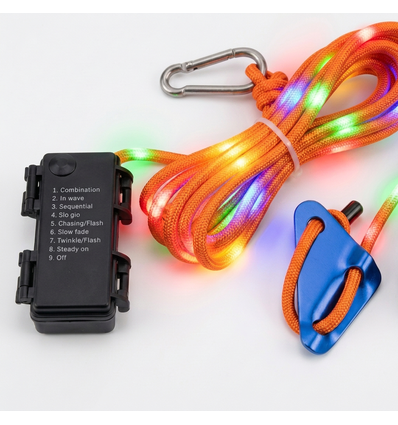 3m oransje tau med RGB-lys - Med karabinkrok, maks. 80kg belastning