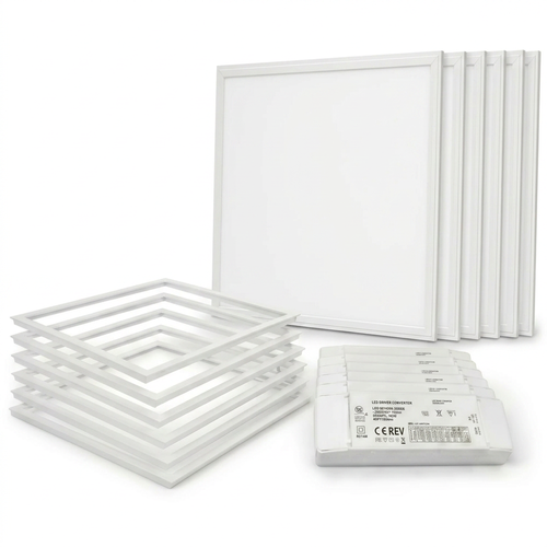 6 stk. Troldtekt panel + ramme med fjær - Høyde: 12,5mm, UGR19, 60x60, dimbar driver