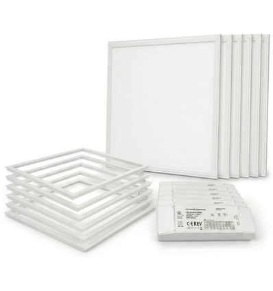 6 stk. Troldtekt panel + ramme med fjær - Høyde: 12,5mm, UGR19, 60x60, dimbar driver