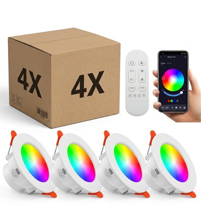 4 stk. RGB+CCT Smart Home downlight - 5W LED, Bluetooth, fjernkontroll