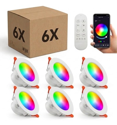 6 stk. RGB+CCT Smart Home downlight - 5W LED, Bluetooth, fjernkontroll, virker med Google Home og Alexa