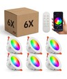 6 stk. RGB+CCT Smart Home downlight - 5W LED, Bluetooth, fjernkontroll, virker med Google Home og Alexa