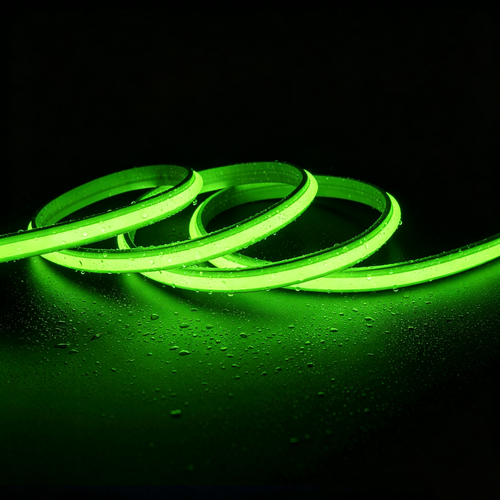 5m 9W/m Grønn Slim COB strip - 230V, IP67 vanntett, 296 LED, kan klippes hver 10cm