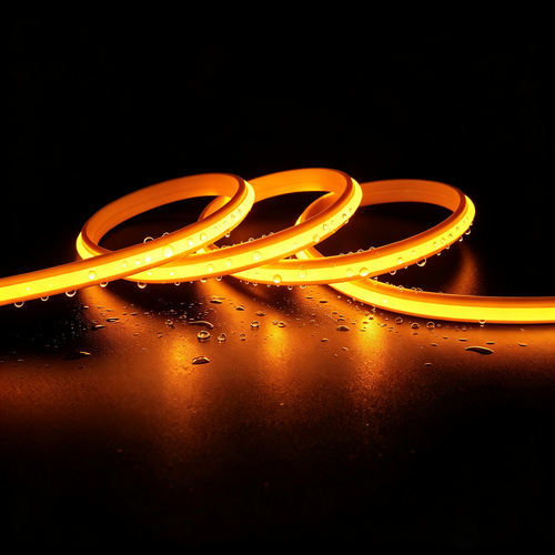 5m 9W/m Gul Slim COB strip - 230V, IP67 vanntett, 296 LED, kan klippes hver 10cm