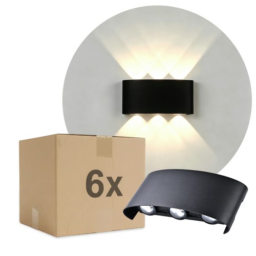 6 stk. 6W CURVE vegglampe - IP65, sort, opp/ned, utendørs, inkl. lyskilde