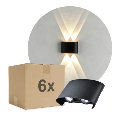 6 stk. 4W CURVE vegglampe - IP65, sort, opp/ned, utendørs, inkl. lyskilde