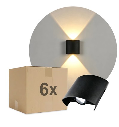 6 stk. 2W CURVE vegglampe - IP65, sort, opp/ned, utendørs, inkl. lyskilde