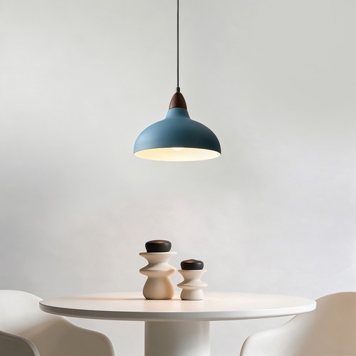 BIRK Petroleumsblå Ø24cm pendel - E27 sokkel, 2m ledning, metall / tre