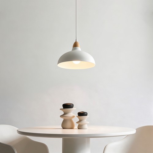 BIRK Hvit Ø19cm pendel - E27 sokkel, 2m ledning, metall / tre