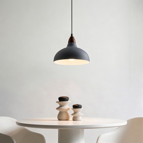 BIRK Grå Ø24cm pendel - E27 sokkel, 2m ledning, metall / tre