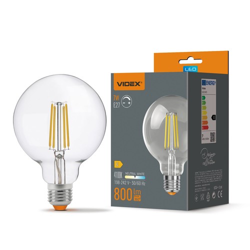 E27 7W LED filamentpære - G95, nøytral hvit