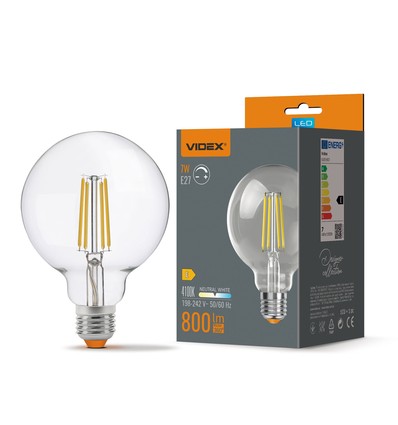 E27 7W LED filamentpære - G95, nøytral hvit