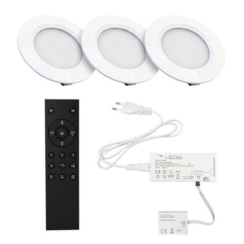 3 stk. Reco68 møbelspot dimbar, matt hvit - Velg RF/WiFi/Zigbee strømforsyning (fjernkontroll inkl.)