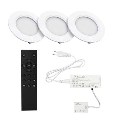 3 stk. Reco68 møbelspot dimbar, matt hvit - Velg RF/WiFi/Zigbee strømforsyning (fjernkontroll inkl.)