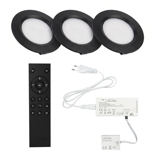 3 stk. Reco68 møbelspot dimbar, sort - Velg RF/WiFi/Zigbee strømforsyning (fjernkontroll inkl.)