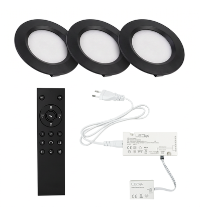 3 stk. Reco68 møbelspot dimbar, sort - Velg RF/WiFi/Zigbee strømforsyning (fjernkontroll inkl.)