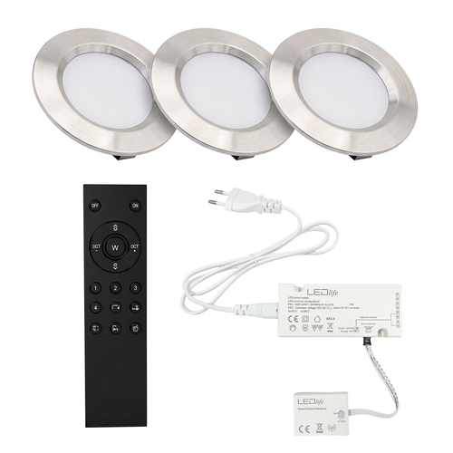 3 stk. Reco68 møbelspot dimbar, børstet stål - Velg RF/WiFi/Zigbee strømforsyning (fjernkontroll inkl.)