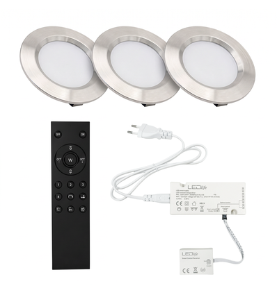 3 stk. Reco68 møbelspot dimbar, børstet stål - Velg RF/WiFi/Zigbee strømforsyning (fjernkontroll inkl.)