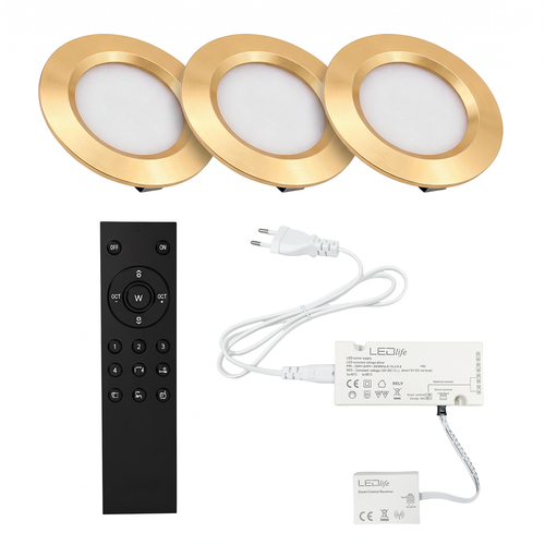 3 stk. Reco68 møbelspot dimbar, gull - Velg RF/WiFi/Zigbee strømforsyning (fjernkontroll inkl.)