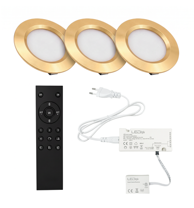 3 stk. Reco68 møbelspot dimbar, gull - Velg RF/WiFi/Zigbee strømforsyning (fjernkontroll inkl.)