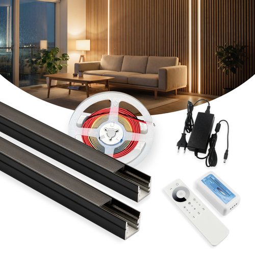 240cm LED Akustikkpanel-sett, sort - 2 stk. CCT LED-striper (240cm) m. 78W strømforsyning - WiFi eller RF