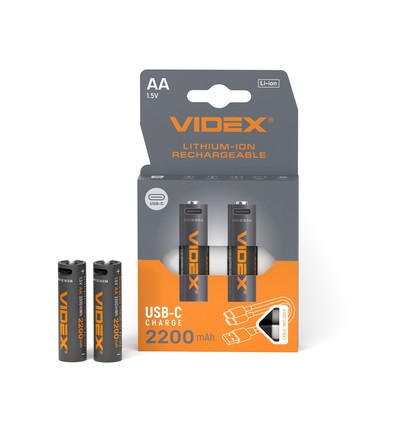 2 stk. oppladbare AA Li-ion batterier, 1,5V - 2200mAh, USB-C, termisk beskyttelse