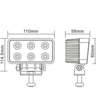 Mål og dimensjoner for 18W LED arbeidslys for planlegging av belysningsoppsett.