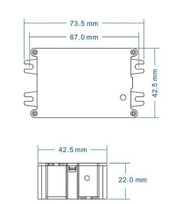 Tekniske mål og dimensjoner for en kompakt mikrobølgesensor for skjult montering.